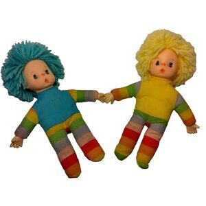 Vintage Rainbow Clown Doll Pair Dolls 2 Kitschy Striped Blue Eyes Freckled 8"